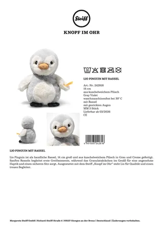 Rassel Lio Pinguin fra Steiff i Grå, 14 × 14 × 8 mm – produktbillede 2 af 2