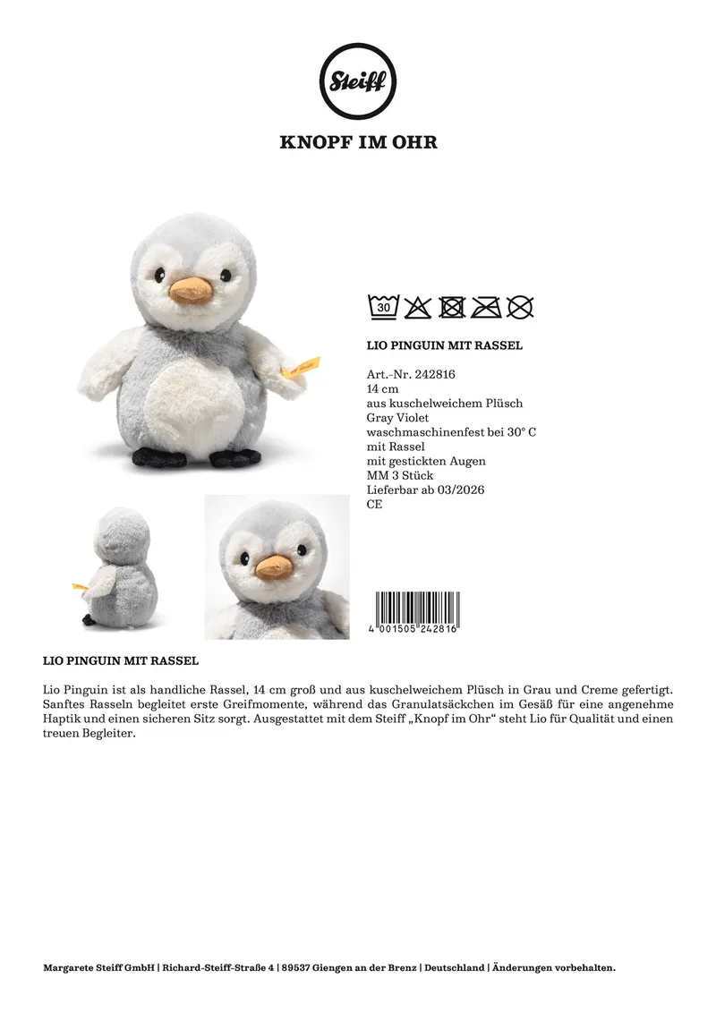 Rassel Lio Pinguin fra Steiff i Grå, 14 × 14 × 8 mm – produktbillede 2 af 2
