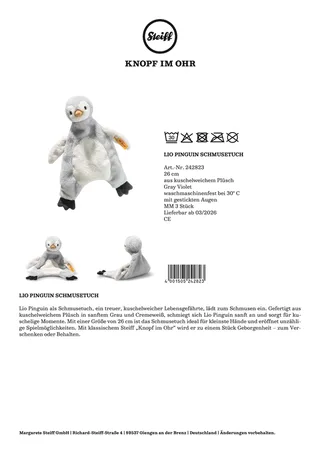 Schmusetuch Lio Pinguin från Steiff i Grå, 26 × 21 × 7 mm – produktbild 3 av 3