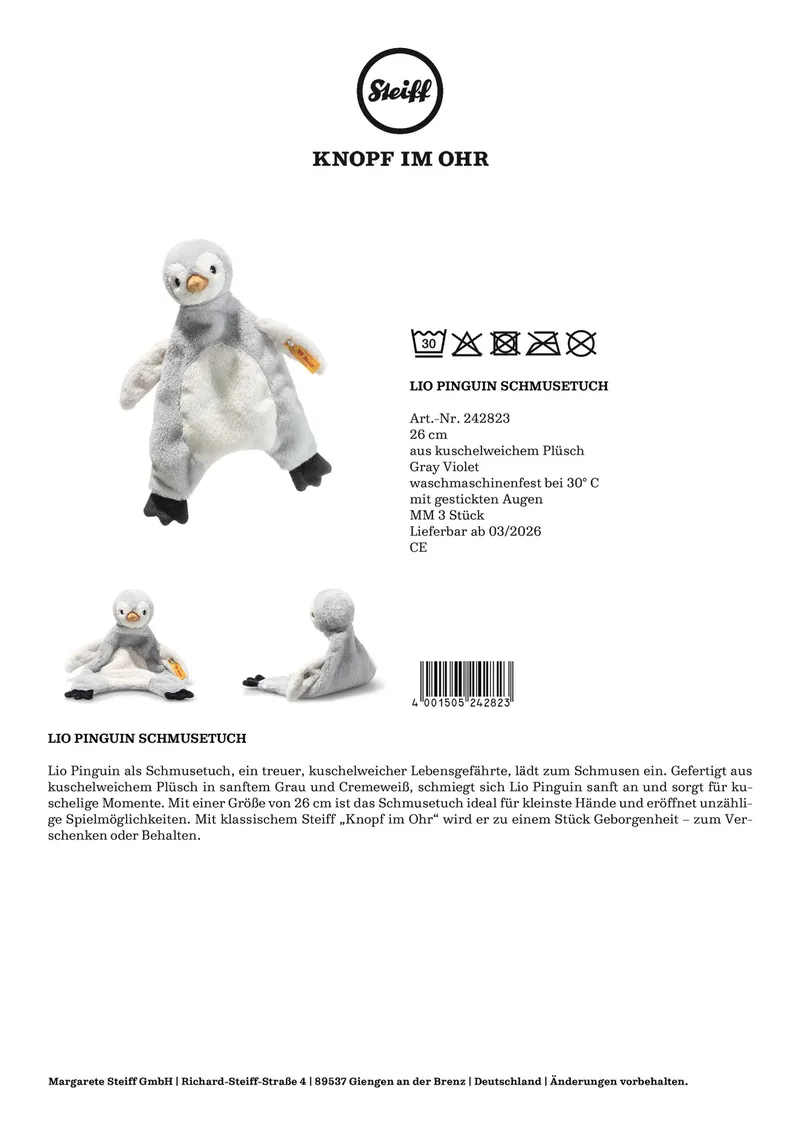 Schmusetuch Lio Pinguin från Steiff i Grå, 26 × 21 × 7 mm – produktbild 3 av 3