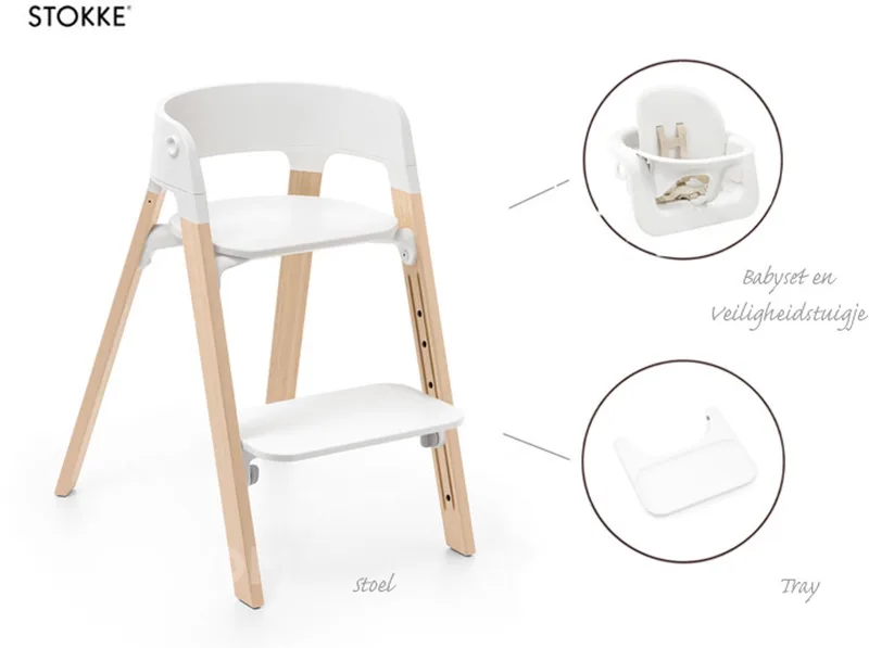 Steps Kinderstoel - Bundel met babyset, veiligheidstuigje en tray - White/Natural från Stokke i White-Natural – produktbild
