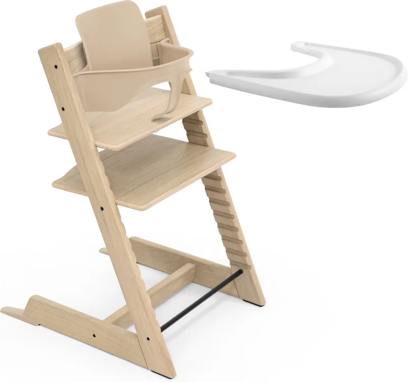 Tripp Trapp Eiken kinderstoel (naturel), Stokke-dienblad (wit) - Incl. Tripp Trapp-stoel, babyset 2 voor kinderen van 6-36 maanden - Verstelbaar, ergonomisch en gemakkelijk schoon te maken de Stokke en Natural – photo produit