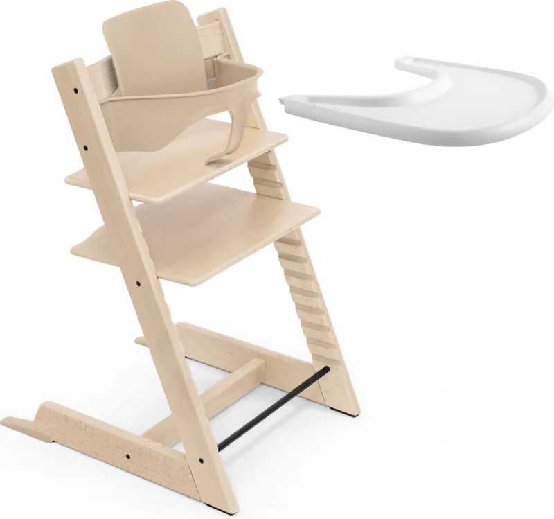 Tripp Trapp-kinderstoel (naturel), Stokke-dienblad (wit) - Incl. Tripp Trapp-stoel, babyset 2 voor kinderen van 6-36 maanden en Stokke-dienblad - Verstelbaar, ergonomisch en gemakkelijk schoon te maken van Stokke in Natural – productfoto