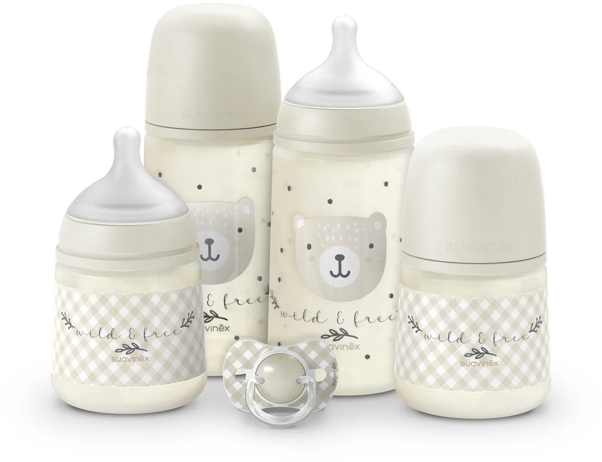 Night&Day Wild&Free Newbornset - 4 Siliconen Zuigflessen (2 x 150 ml en 2 x 270 ml) met Extra SX Pro Speen 0-6 Maanden - Kraamcadeau - BPA-vrij van Suavinex in Beige – productfoto