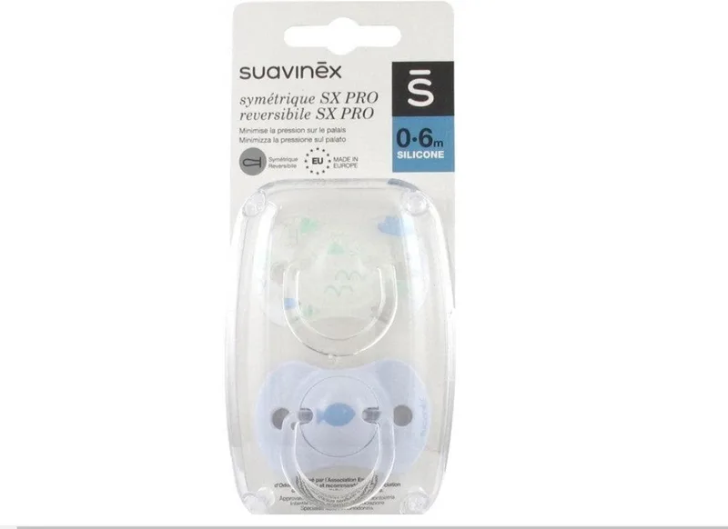 SX Pro Fysiologische speen 0-6 Mnd. Transparant met print/licht met vis 2 stuks van Suavinex in Blauw – productfoto