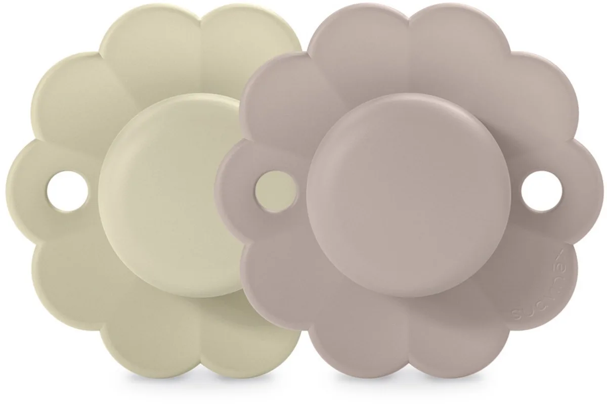 Wonder Reversible Duo Fopspenen 0-6 Maanden - Omkeerbare Fopspeen in Bloemvorm - Fysiologische Speen van Silicone Zonder BPA - Tutter met Ventilatiegaten tegen Huidirritatie - 2 Stuks - Gray/Mauve van Suavinex in Off-white, Roze – productfoto