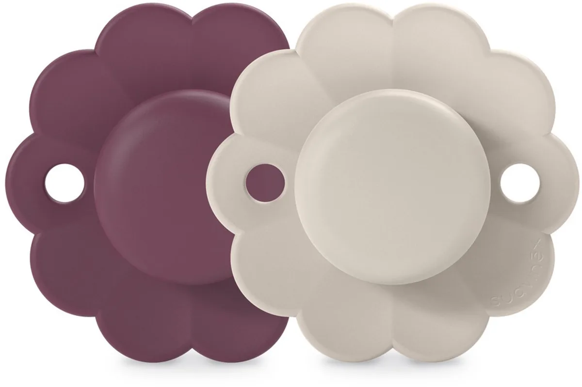 Wonder Reversible Duo Fopspenen 6-18 Maanden - Omkeerbare Fopspeen in Bloemvorm - Fysiologische Speen van Silicone Zonder BPA - Tutter met Ventilatiegaten tegen Huidirritatie - 2 Stuks - Magenta/Chalk från Suavinex i Röd, Lila, Beige – produktbild