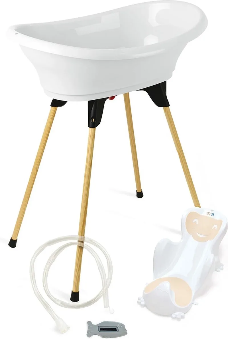 5-in-1 badset - badkuip + badzitje + antislip voet + waterafvoer + thermometer – gemaakt in Frankrijk van Thermobaby in Wit – productfoto