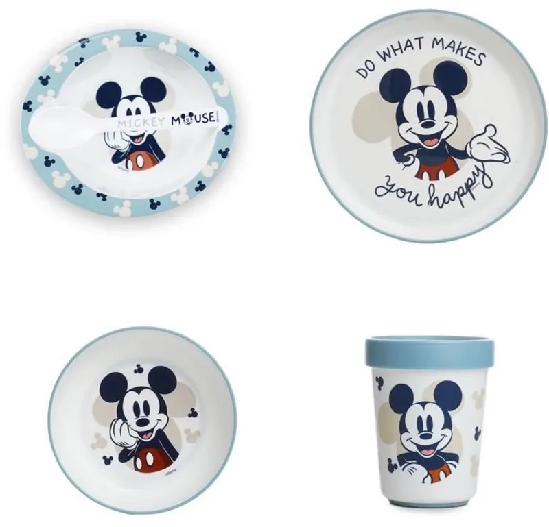 MICKEY Maaltijdpakket 2e leeftijd - 3 borden + een kopje + 1 lepel van Thermobaby in Blauw en wit – productfoto