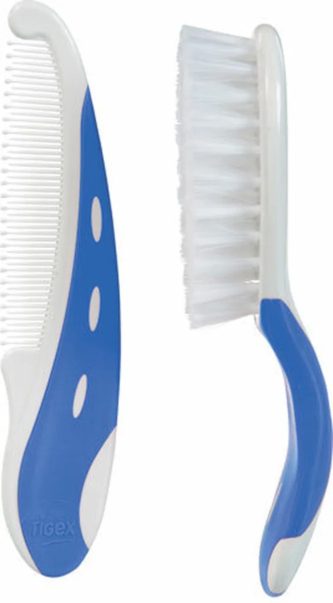 Baby Borstel en Kam Set – Zachte Nylon Haren – Afgeronde Tanden – Veilig voor Baby Hoofdhuid – Blauw/Wit- 0-24 maanden från Tigex i Gul – produktbild