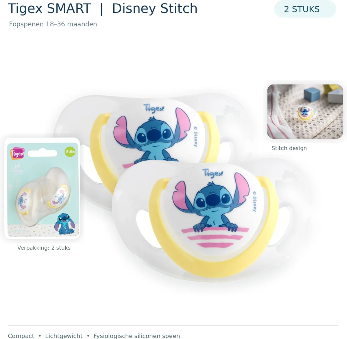SMART Disney Stitch Fopspenen – 2 Stuks – Fysiologisch – Siliconen- 18-36 maanden van Tigex – productfoto