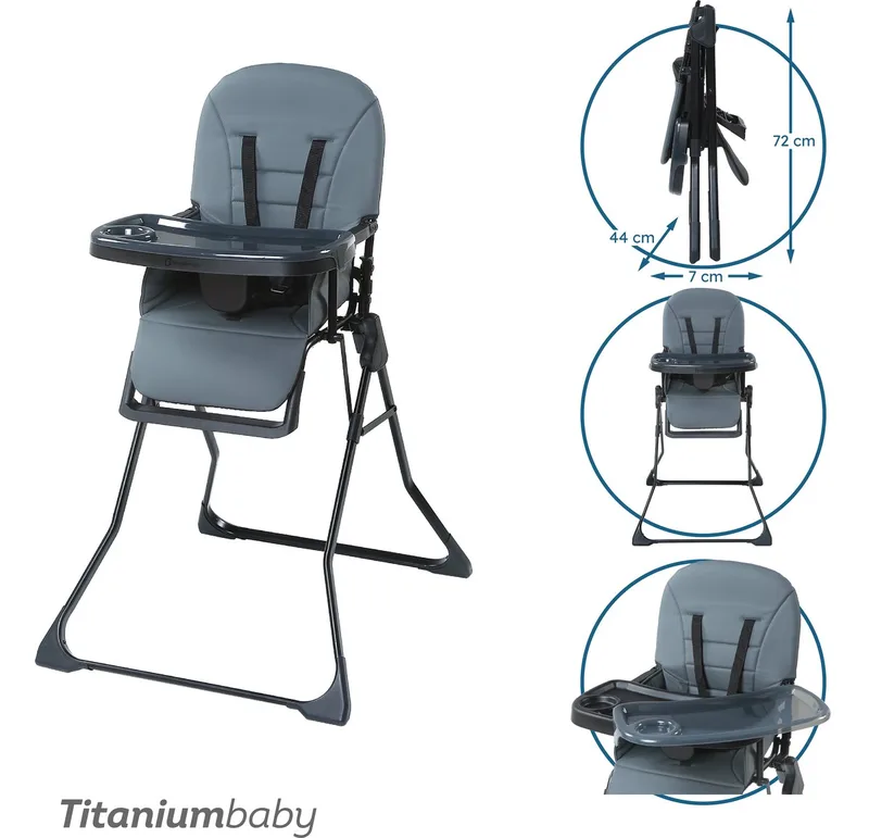 Kinderstoel Bistro / Eenvoudig reinigbare bekleding / Extra afneembaar eetblad / Verstelbaar eetblad / Compact inklapbaar design de Titanium Baby en Charcoal Grey – photo produit