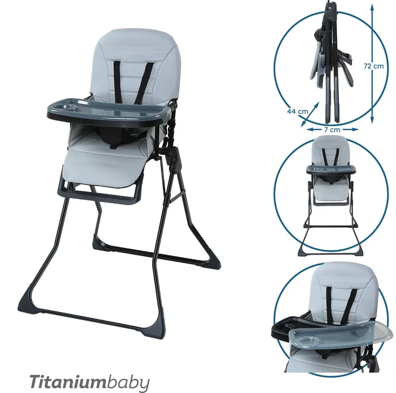 Kinderstoel Bistro / Eenvoudig reinigbare bekleding / Extra afneembaar eetblad / Verstelbaar eetblad / Compact inklapbaar design från Titanium Baby i Glacier Grey – produktbild