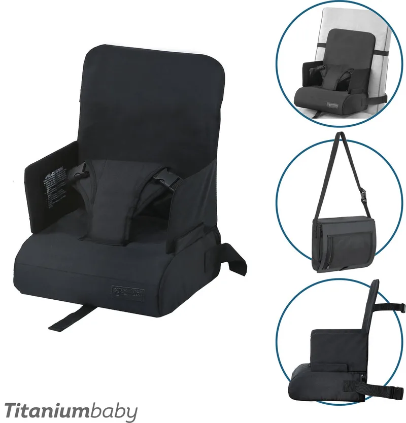 Stoelverhoger Seat2Go Black/Veranderd eenvoudig een eetkamerstoel in een kinderstoel/Inklapbaar en eenvoudig mee te nemen/Opbergvak aan de onderzijde från Titanium Baby i Zwart – produktbild