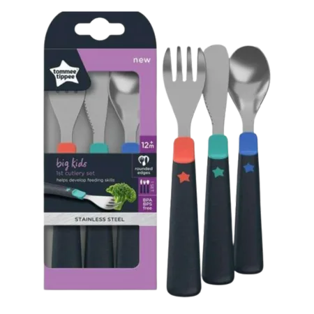 eerste kinderbestek set - vanaf 12 maanden +- roestvrij staal - afgeronde randenen et makkelijk houden stelen van Tommee Tippee in Multi blauw, 3 Stuks – productfoto 2 van 2