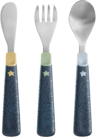 eerste kinderbestek set - vanaf 12 maanden +- roestvrij staal - afgeronde randenen et makkelijk houden stelen van Tommee Tippee in Multi blauw, 3 Stuks – productfoto 1 van 2