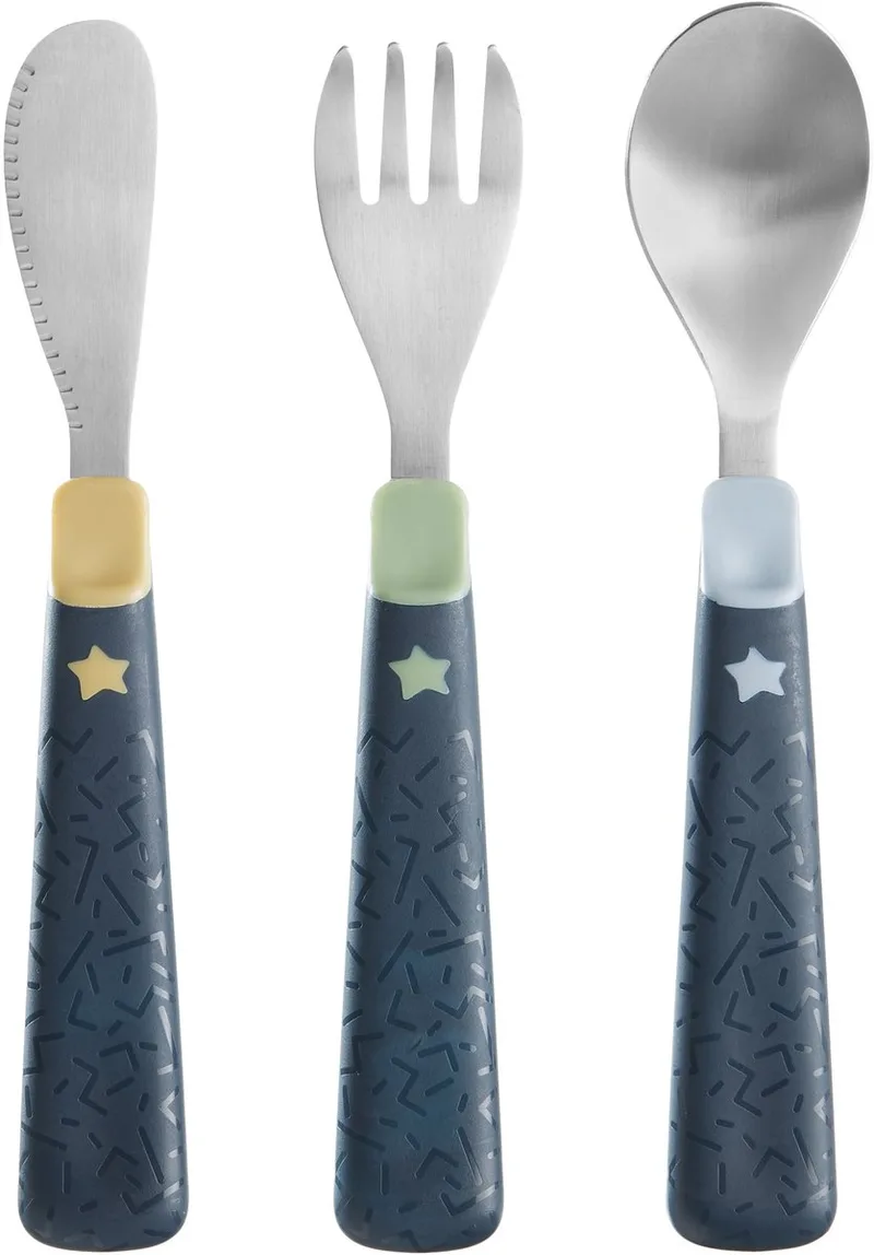 eerste kinderbestek set - vanaf 12 maanden +- roestvrij staal - afgeronde randenen et makkelijk houden stelen van Tommee Tippee in Multi blauw, 3 Stuks – productfoto 1 van 2