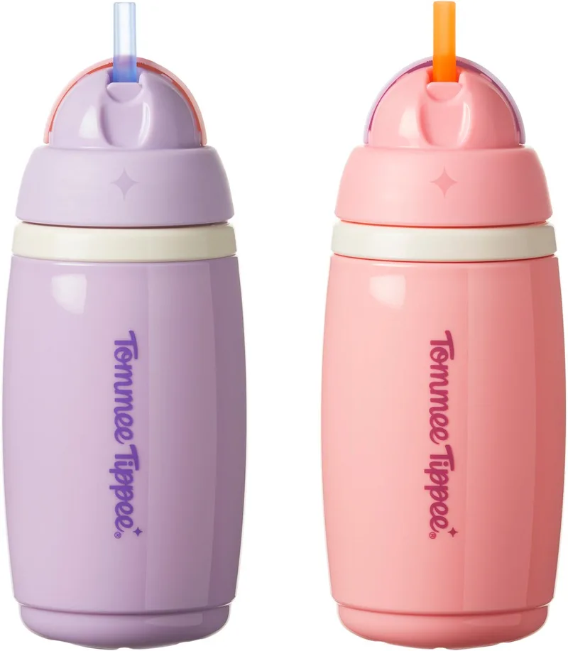 geïsoleerde Active rietjesbeker – 2 stuks – 266 ml –lekvrije waterfles voor peuters 12m+ - en paars van Tommee Tippee in Roze – productfoto