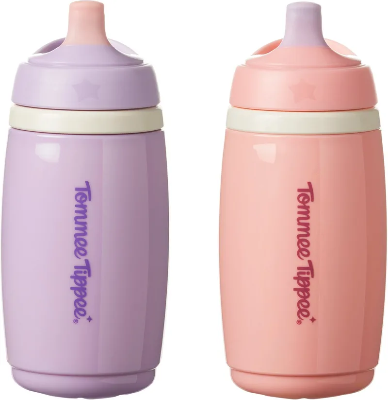 geïsoleerde Active tuitbeker – 2 stuks - 266 ml – lekvrije waterfles voor peuters 12m+ - en paars van Tommee Tippee in Roze – productfoto