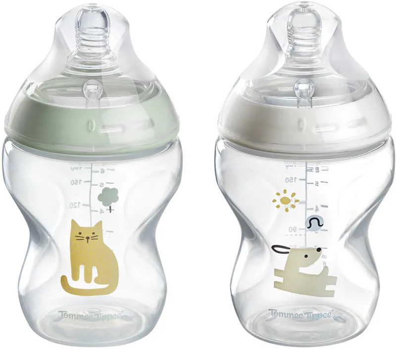 Natural Start Babyflessen - set van 2 x 260ml baby flessen - Lage toevoersnelheid 3m+ - gedecoreerd de Tommee Tippee en Turquoise gedecoreerd – photo produit