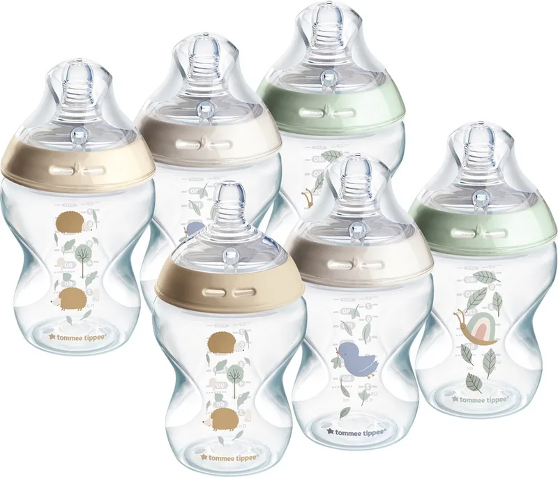 Natural Start Babyflessen, set van 6 x 260ml baby flessen - Lage toevoersnelheid 0m+ - gedecoreerd de Tommee Tippee en Multi Pond – photo produit