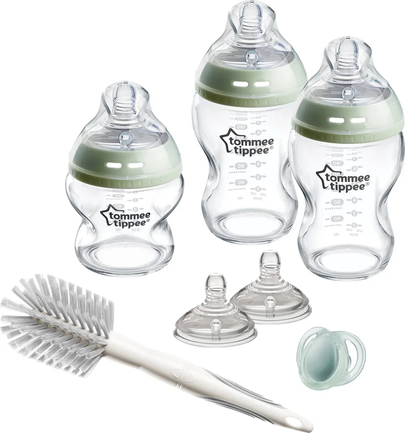 Natural Start Glazen Babyflessen Starterset - flessen van 150 ml en 250 ml voor pasgeboren baby's 0m+ från Tommee Tippee i Natural Start glas – doorzichtig, groen – produktbild