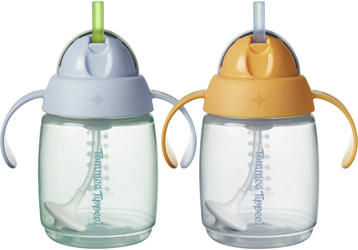 rietjesbeker - 2 stuks - 240 ml - met handgrepen en verzwaard siliconen rietje - voor peuters van 6m+ maanden - en oranje van Tommee Tippee in Blauw – productfoto