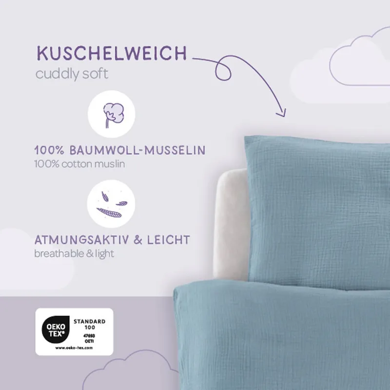 Bettwäsche Baumwollmusselin 40x60 / 100x135 cm van Träumeland in Denim – productfoto 1 van 3