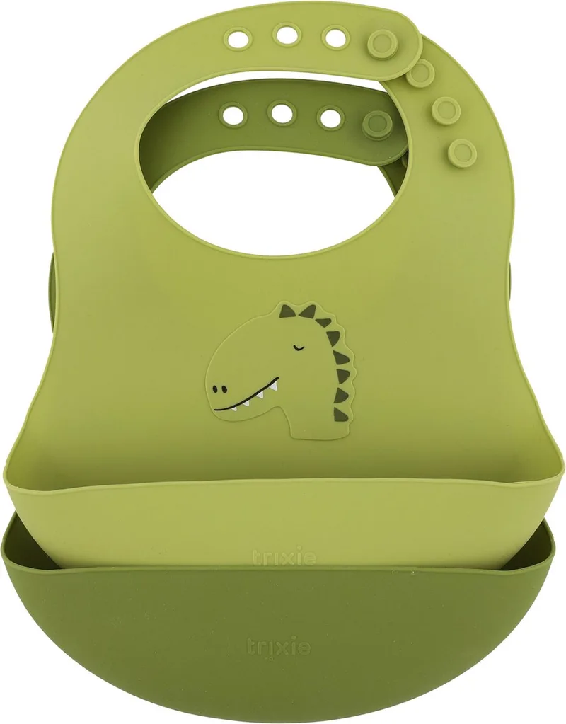 Afwasbaar slabbetje 2-pack Mr. Dino - Slab voor kinderen - 100%Food Grade Silicone - Eenvoudig schoon - Groen de Trixie en Multicolore – photo produit
