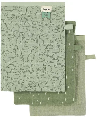 baby washandjes 3-pack - zachte tetra Daring Dino. van Trixie in Groen – productfoto 1 van 4