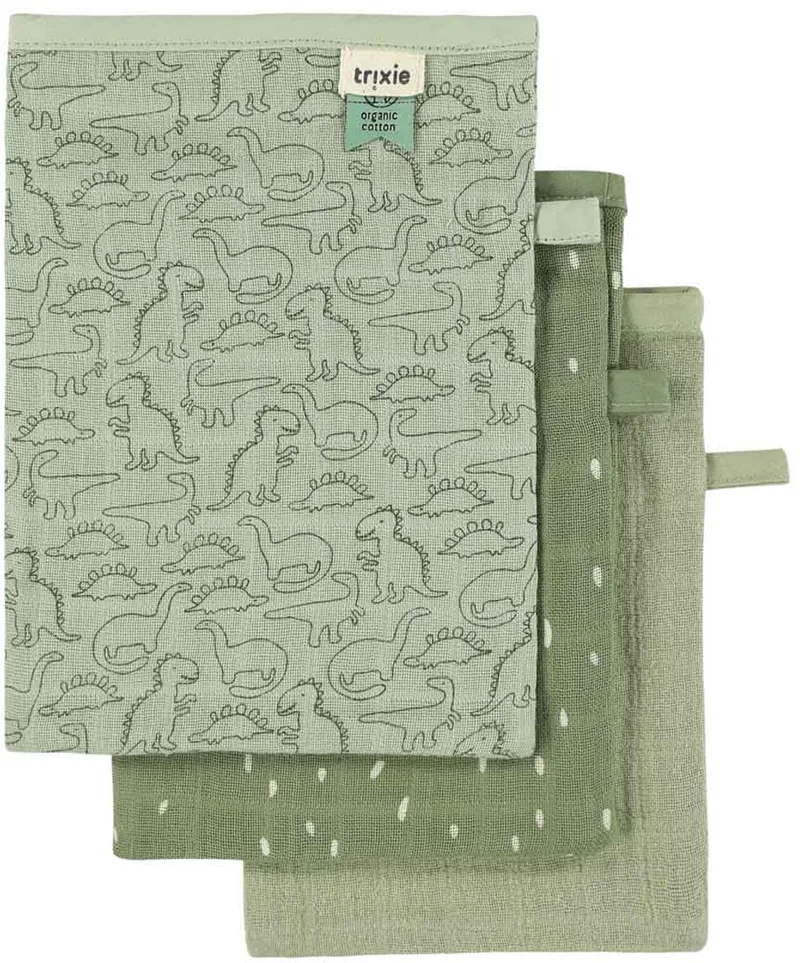 baby washandjes 3-pack - zachte tetra Daring Dino. van Trixie in Groen – productfoto 1 van 4