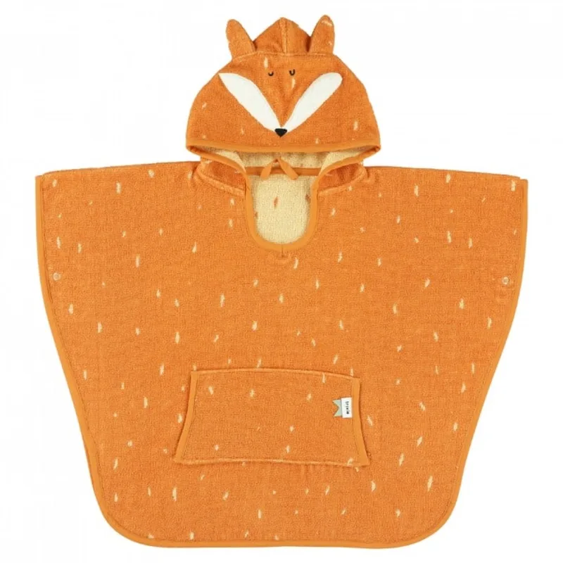 Poncho - 100% Biologisch Katoen - Badcape Kind met Capuchon - Met Leuke Details - Oranje - Vos van Trixie in Mr Fox – productfoto