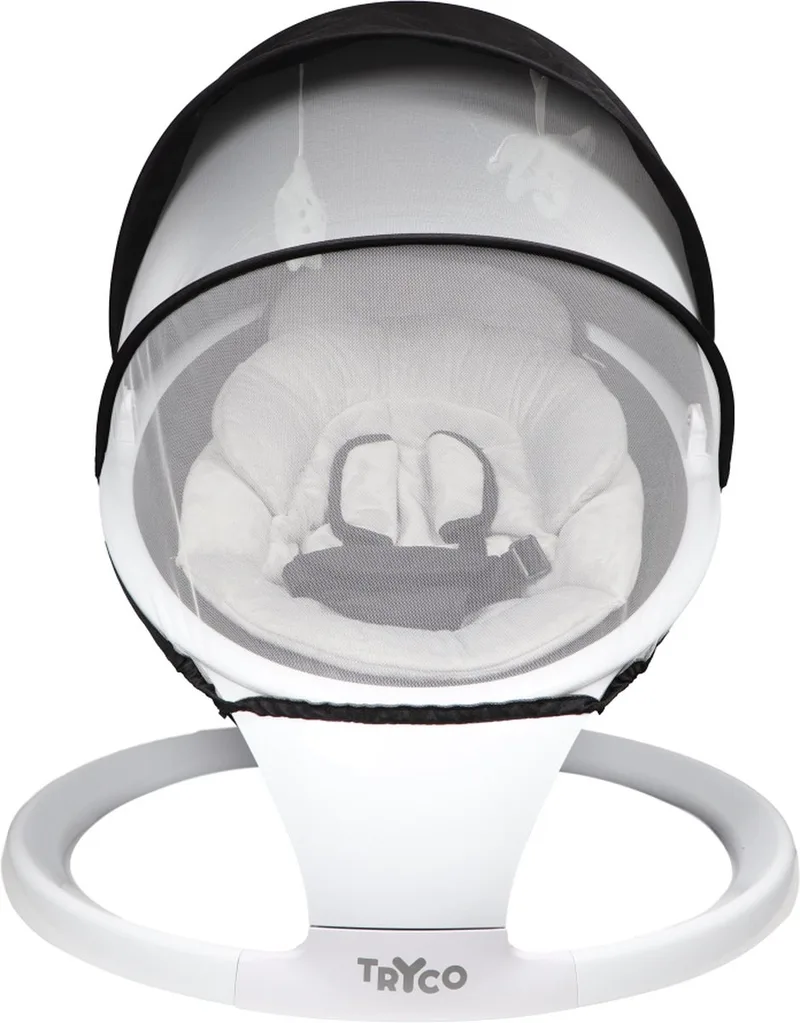 Devina Deluxe Black/Grey Swing Babyschommel TR-282705 van Tryco in Wit frame met grijze bekleding en zwarte kap – productfoto