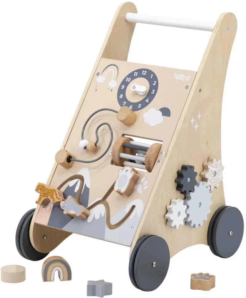 Houten Activiteiten Loopwagen Nature - Houten Loopwagen - Klokje Kralenspiraal Vormenstoof en Tandwielen - Stimuleert Motoriek - Vanaf 12 Maanden Naturel de Tryco en Beige, Marron, Gris, Blanc – photo produit