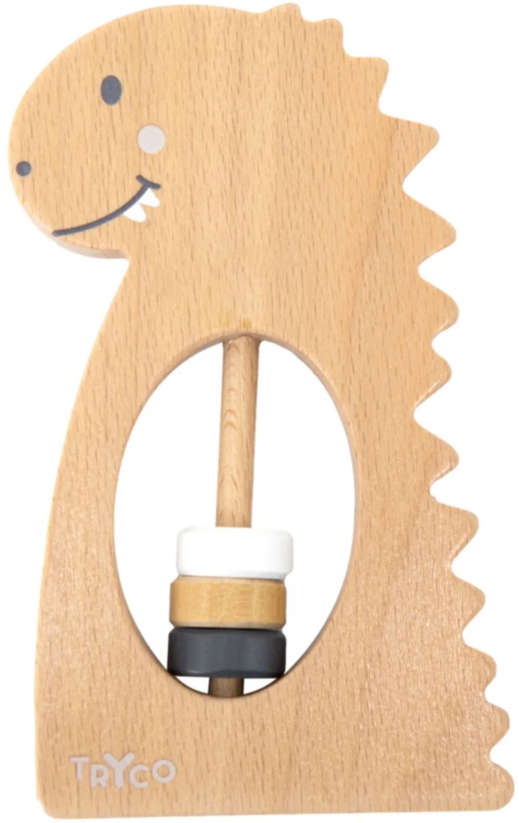 Houten Rammelaar Dino - Babyspeelgoed - Gemakkelijk Vast te Houden en Rammelfunctie - Stimuleert Zintuigen en Motoriek - Voor Baby’s van Tryco in Naturel "Dino" – productfoto