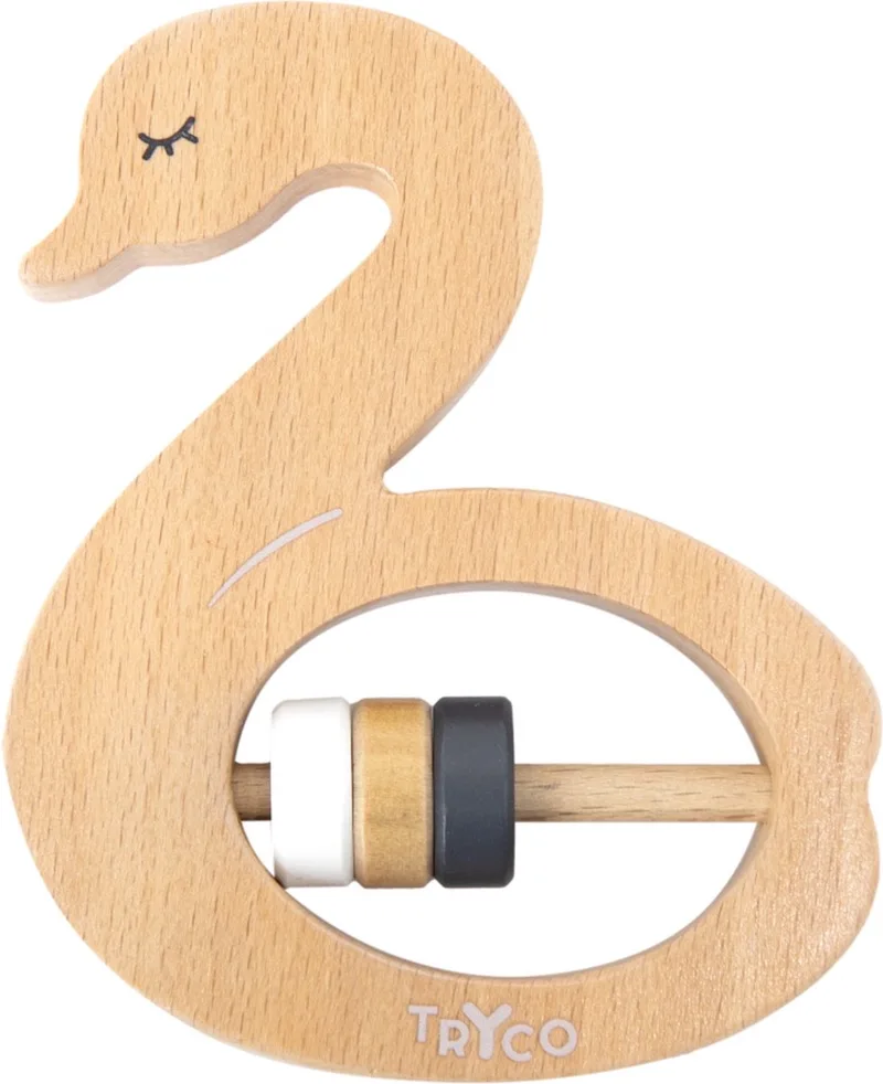 Houten Rammelaar Zwaan - Houten Babyspeelgoed - Gemakkelijk Vast te Houden en Rammelfunctie - Stimuleert Motorische Ontwikkeling - Voor Baby’s de Tryco en Naturel "Zwaan" – photo produit