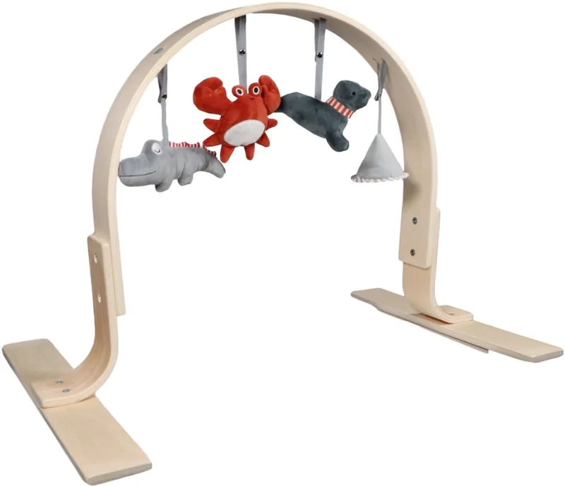 Wooden Bow Babygym - Houten Babygym - Inclusief Hangspeeltjes - Stimuleert Motoriek en Zintuigen - Vanaf 0 Maanden Naturel van Tryco in Blauw, Grijs, Rood – productfoto