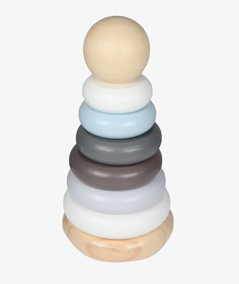 Wooden Ring Pyramid - Houten Stapeltoren - Stapelringen en Motoriekspel - Stimuleert Fijne Motoriek en Hand-oogcoördinatie - Vanaf 12 Maanden van Tryco in Wit, Grijs – productfoto