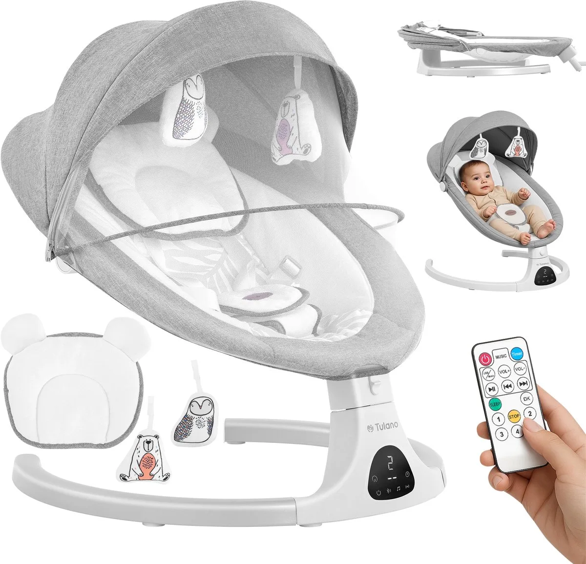 Astrid 35 Elektrische Babywipstoel - Met Bluetooth, Timer & Bewegingssensor - Inclusief Klamboe - Grijs/Wit van Tulano in Grijs – productfoto