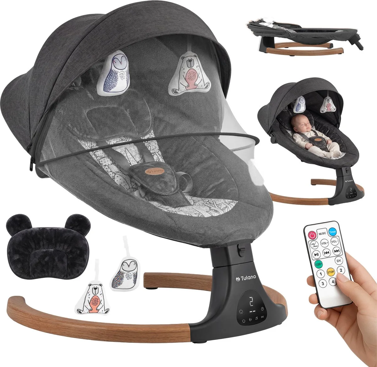 Astrid 35 Elektrische Babywipstoel - Met Bluetooth, Timer & Bewegingssensor - Inclusief Klamboe de Tulano en Grafiet – photo produit