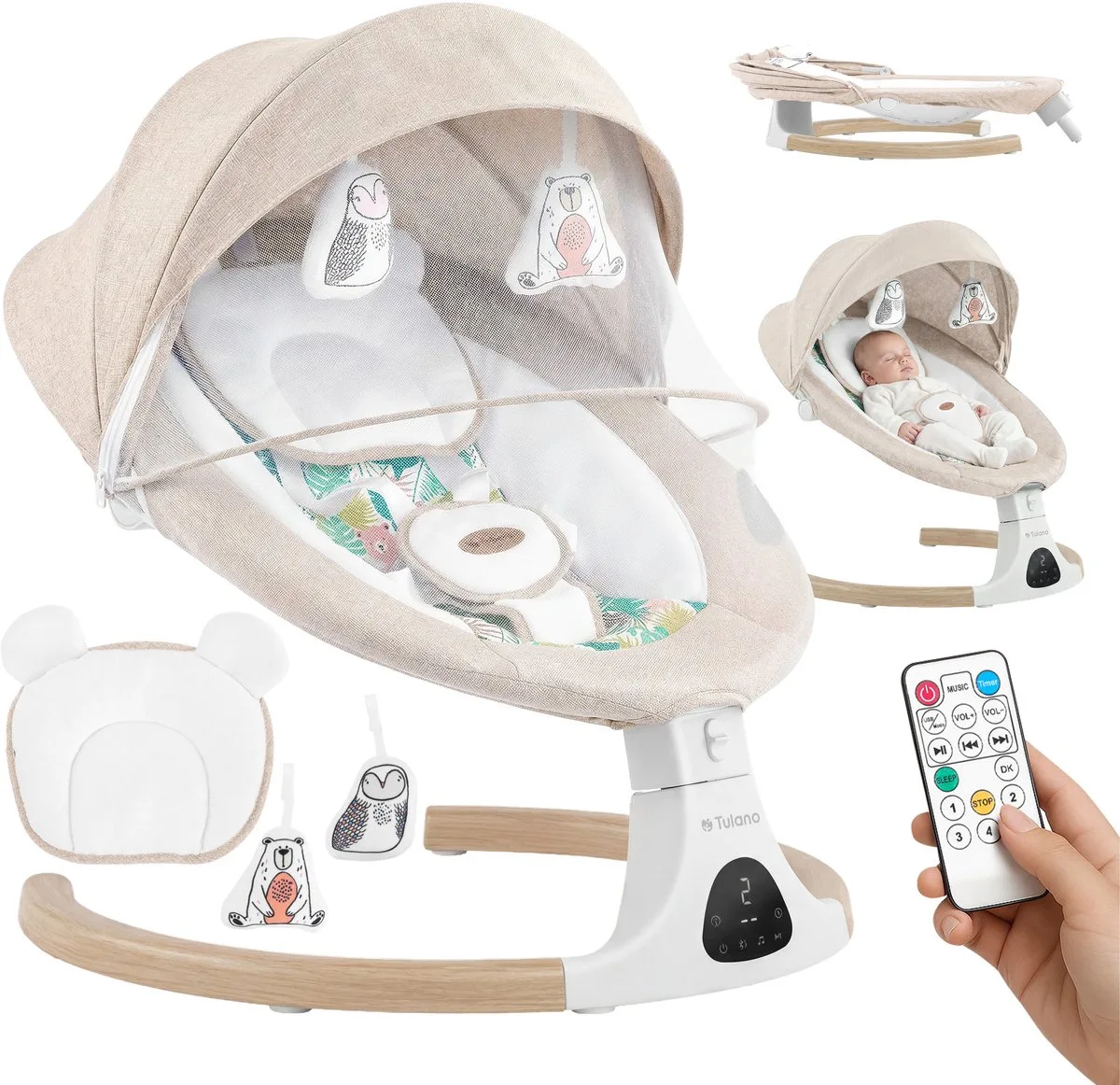 Astrid 35 Elektrische Babywipstoel - Met Bluetooth, Timer & Bewegingssensor - Inclusief Klamboe de Tulano en Beige – photo produit