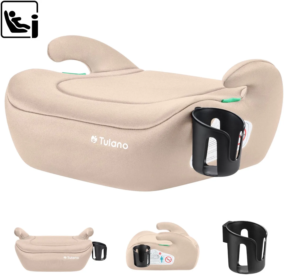 Cabby 20 i-Size Autostoelverhoger - Zitverhoger - Kinderzitje 125-150 cm met Bekerhouder de Tulano en Beige – photo produit