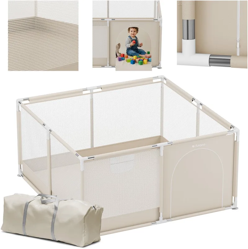Cozy 20 - Grondbox / baby box / kinderbox - 130x130 cm - voor binnen en buiten - ademend gaas - EN71 gecertificeerd - 6 tot 36 maanden - Beige van Tulano in Wit – productfoto