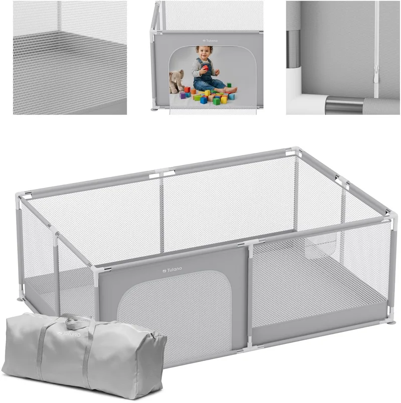 Cozy 22 - Grondbox / baby box / kinderbox – 120x180 cm – voor binnen en buiten – grijs/wit – ademend gaas – EN71-gecertificeerd – 6 tot 36 maanden van Tulano in Lichtgrijs – productfoto