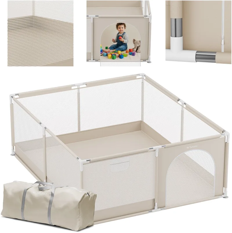 Cozy 28 - Grondbox / baby box / kinderboeken - 180x200 cm - Voor binnen en buiten - beige - ademend gaas - EN71 gecertificeerd - 6 tot 36 maanden - Beige van Tulano in Beige – productfoto