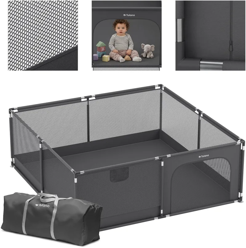 Cozy 28 - Grondbox / baby box / kinderbox – 180x200 cm - voor binnen en buiten - ademend gaas - EN71 gecertificeerd - 6 tot 36 maanden - Graphite van Tulano in Grafiet – productfoto