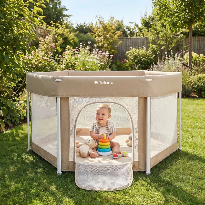 Cozy 30 - Grondbox / baby box / kinderbox - 125 cm - voor binnen en buiten - ademend gaas - EN71 gecertificeerd - 6 tot 36 maanden by Tulano in Beige – product photo