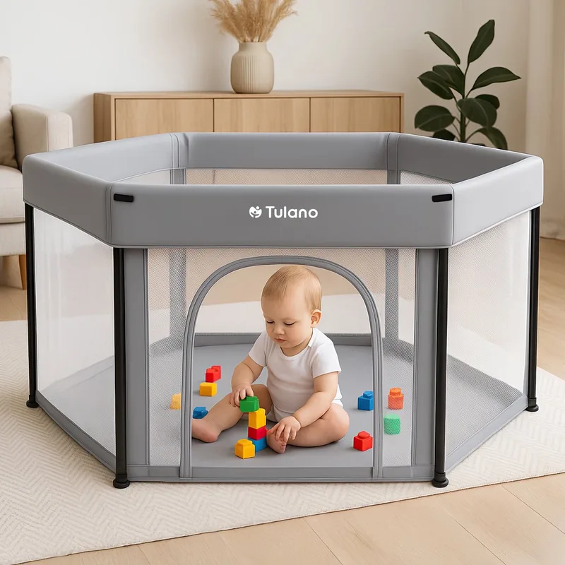 Cozy 30 - grondbox - kinderbox – 125 cm – voor binnen en buiten – grijs/wit – ademend gaas – EN71-gecertificeerd – 6 tot 36 maanden van Tulano in Grijs – productfoto