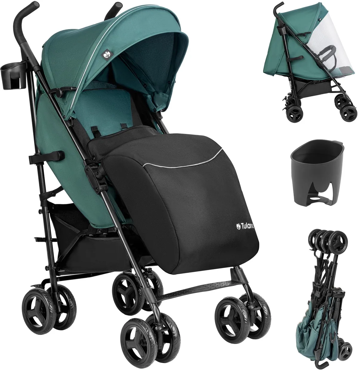 Davos 35 - Kinderwagen - Buggy - 5-Punts Gordel - Lichtgewicht Wandelwagen met XXL Zonnekap - beenwarmer en bekerhouder inbegrepen -Verstelbare Rugleuning - Tot 22 kg fra Tulano i Grøn – produktbillede