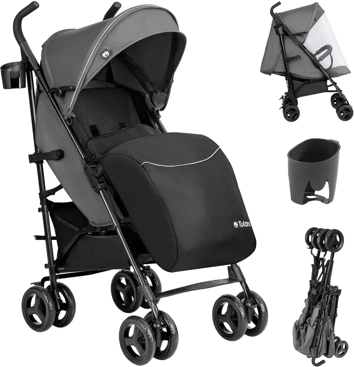 Davos 35 - Kinderwagen - Buggy - 5-Punts Gordel - Lichtgewicht Wandelwagen met XXL Zonnekap - beenwarmer en bekerhouder inbegrepen -Verstelbare Rugleuning - Tot 22 kg de Tulano en Gris – photo produit